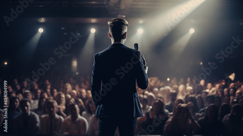 Back view of man speaker standing on stage in front of audience