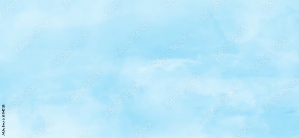 Blue sky is surrounding with tiny white clouds, soft and lovely sky blue watercolor background with clouds, Sky clouds with brush painted blue watercolor texture for presentation and design.