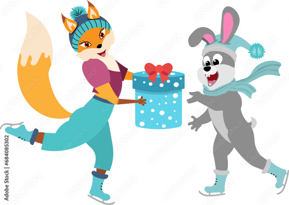 Christmas story time. Fox and hare skating and a big gift. Christmas and New Year vector composition. Christmas story time. Fox and hare skating and a big gift. Christmas and New Year vector composition.