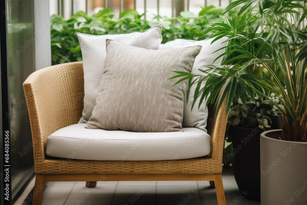 Cozy Balcony Retreat: Woven Armchair Adorned with Cushions and Lush Potted Plants. A Tranquil Oasis to Unwind and Embrace the Outdoors in Comfort and Style