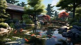 A tranquil Japanese garden with a serene koi pond and meticulously pruned bonsai trees.