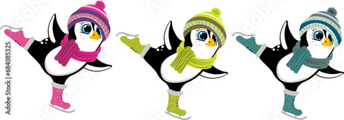 Christmas story time. Penguin in a hat and skates. Christmas and New Year vector composition.
