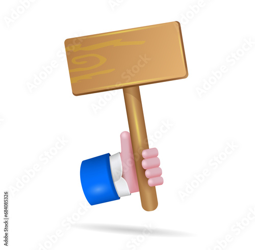 A hand holds an empty banner layout on a wooden stick. 
A man with a signal poster. Protesting people on a picket strike.
