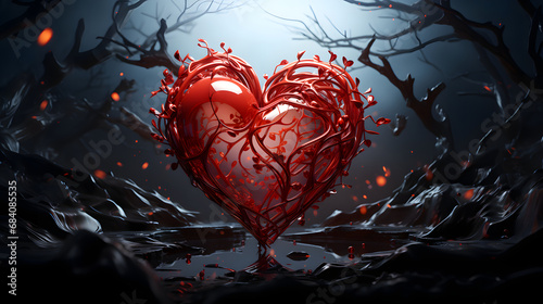 Red glass heart in the form of patterns among scary dark branches. Black background. Valentine's Day concept