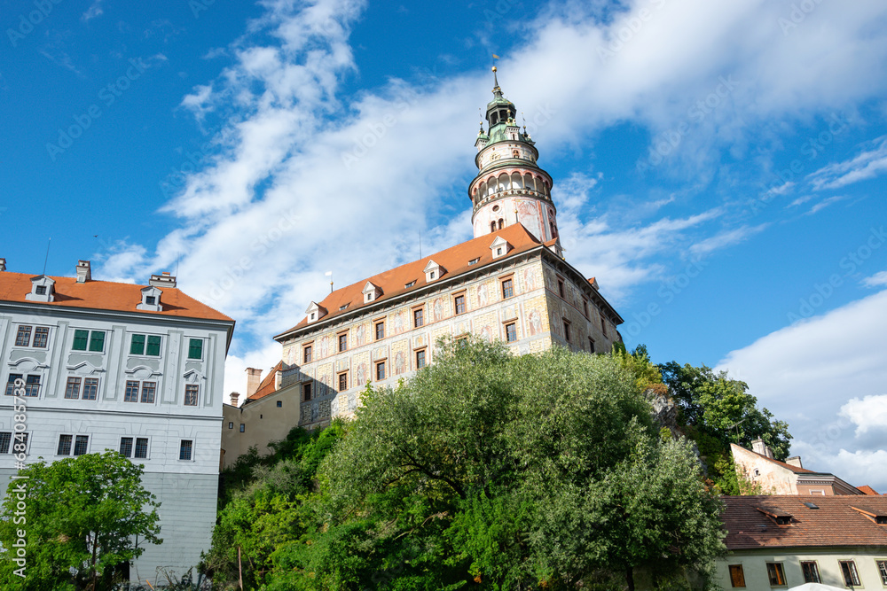Old listed castle with high tower in Cesky Krumlov, Czech Republic.