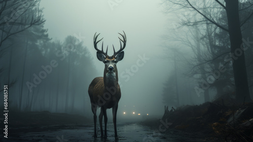 Foggy winter forest with a deer on the road. Winter landscape with cloud forest, reindeer and road.
