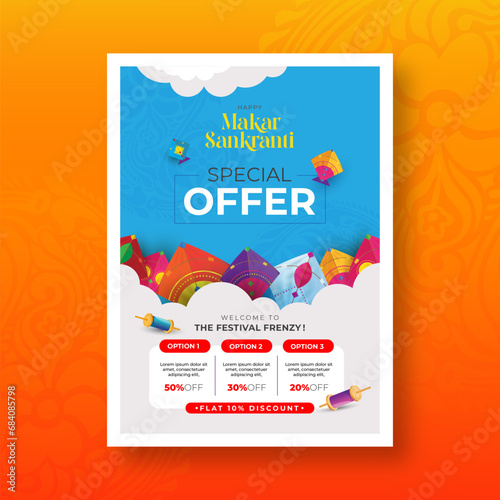Makar Sankranti Festival Offer A4 Poster Design Template, Indian Festival Sale A4 Size Poster Design Layout Template