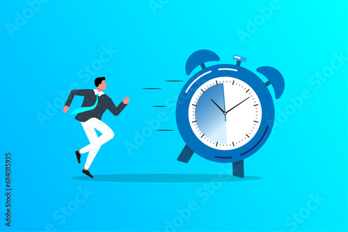 Businessman is chasing time, time management, businessman runs after the clock cartoon vector icon flat illustration white background