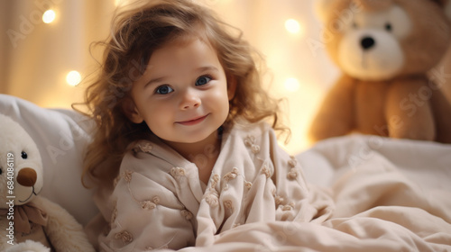 Portrait of a beautiful toddler child girl with in her kid room with white and beige colors and soft light