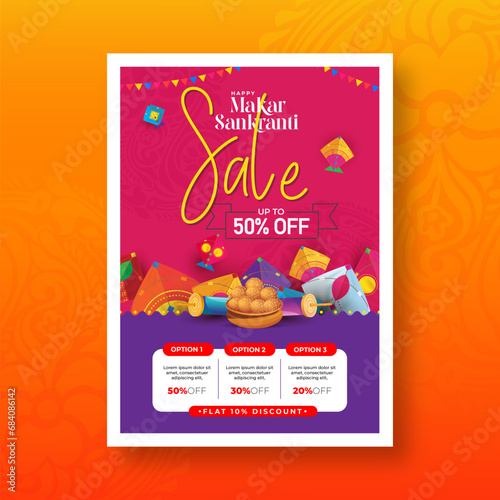 Makar Sankranti Festival Offer A4 Poster Design Template, Indian Festival Sale A4 Size Poster Design Layout Template