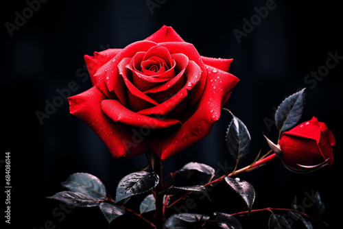 Single stunning red rose flower with vibrant colors and dark ambiance and background photo