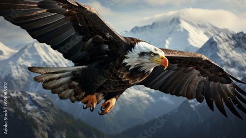 Bald Eagle Soaring Through Wintry Mountain Landscape © senadesign