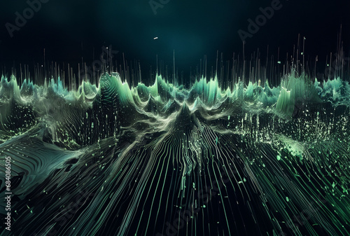 ondes sonores abstraites sur fond noir - façon Matrix, points numériques verts donnant un effet 3D d'ondes. photo