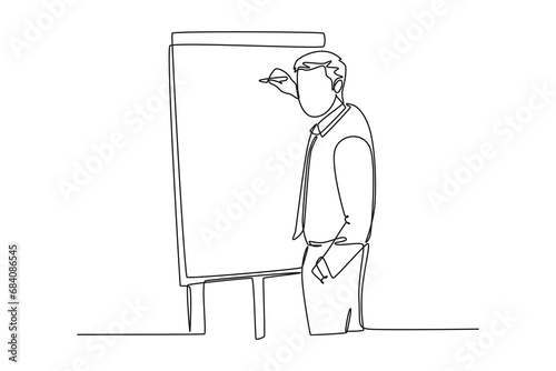 Continuous one line drawing of young presenter pointing finger on audience who want to ask while doing presentation. Workshop presentation concept. Single line draw design vector graphic illustration