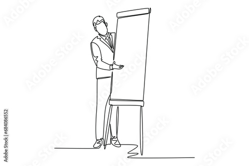 Continuous one line drawing of young business coach teaching strategy to increase sales product to sales team at office. Business coaching concept. Single line draw design vector graphic illustration