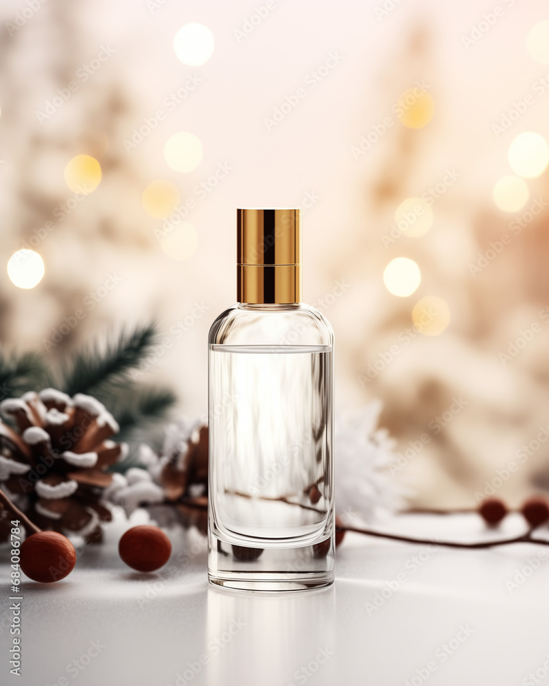 Mock up of elegant round glass perfume bottle. Isolated in Scandinavian Christmas background with trees and pine cones. Beauty product packaging. Product photography. Holiday, winter celebration. Mock up of elegant round glass perfume bottle. Isolated in Scandinavian Christmas background with trees and pine cones. Beauty product packaging. Product photography. Holiday, winter celebration.