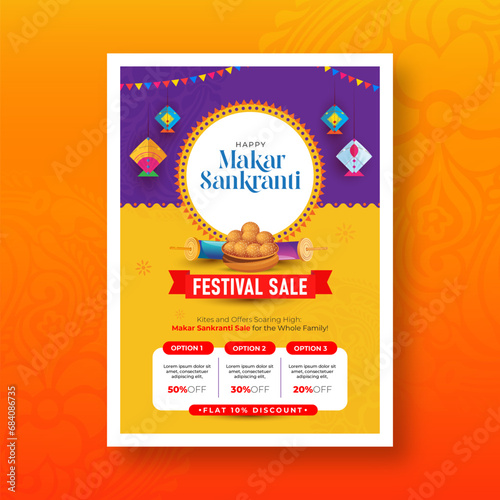 Makar Sankranti Festival Offer A4 Poster Design Template, Indian Festival Sale A4 Size Poster Design Layout Template