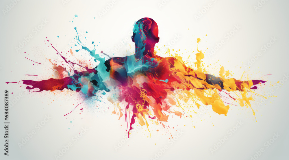 Silhouette of a man with arms outstretched in a vibrant splatter of colours. Silhouette of a man with arms outstretched in a vibrant splatter of colours.