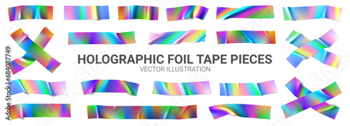 Set of holographic foil tape pieces. Vector illustration with 3d realistic iridescent rainbow colored adhesive tapes. Duct tape with glossy metallic effect. Rainbow wrinkled strips for collage.