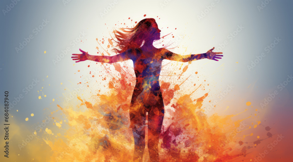 Silhouette of a woman with arms open wide amidst an explosion of abstract colours.