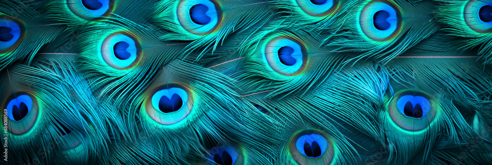 Fototapeta premium Blue peacock feather background. Generative AI