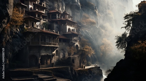 An ethereal mist enveloping an ancient monastery, veiling it in an aura of mystique and sanctity.