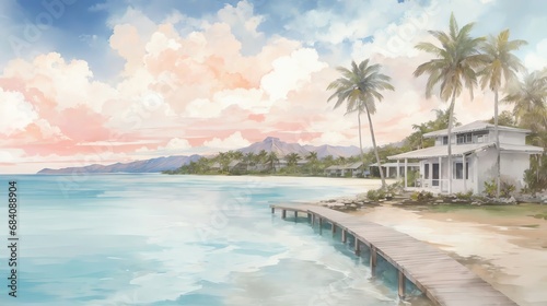 水彩画背景_世界旅行_ポリネシア_リゾートビーチ_02 © Camellia Studio	