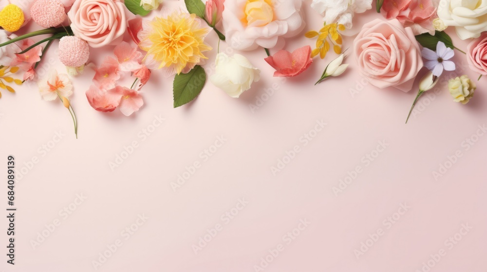 Mix of flowers in a crescent shape on pink canvas featuring roses, daisies, and foliage. Floral creativity and decor.