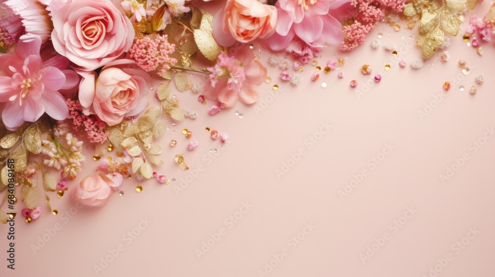 Assorted flowers arranged in arch pattern, with prominent roses, petals, and leaves on pink. Nature and decoration.