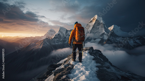 Hiker on the top of a high mountain peak in the winter © AI Studio - R
