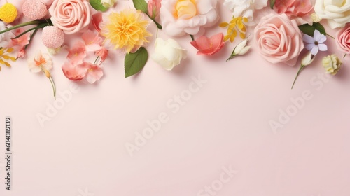 Mix of flowers in a crescent shape on pink canvas featuring roses, daisies, and foliage. Floral creativity and decor.