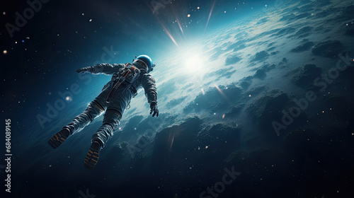 Person in spacesuit floating in Cosmos