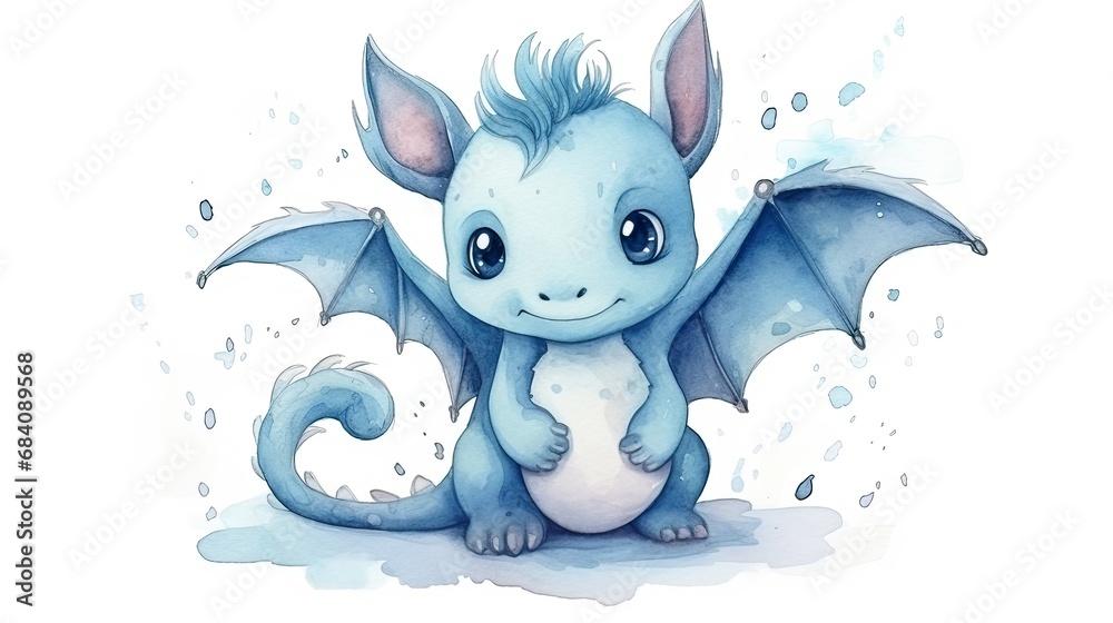 smiling little dragon watercolor illustration,isolated on white background