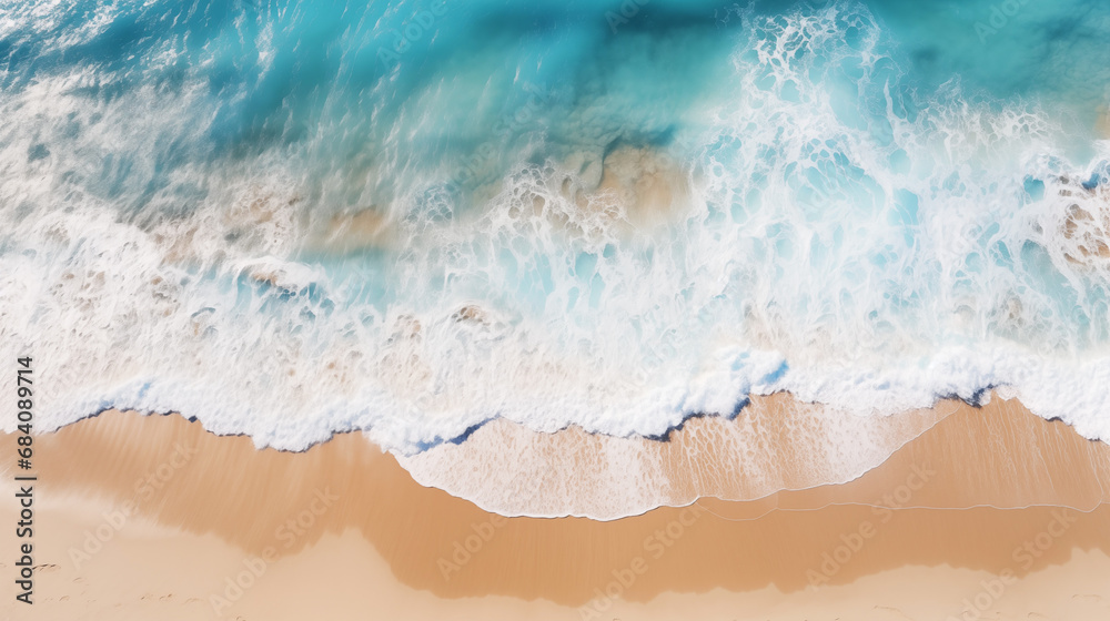 Fototapeta Swirling stream of sea water in pale blue water on a sandy beach background