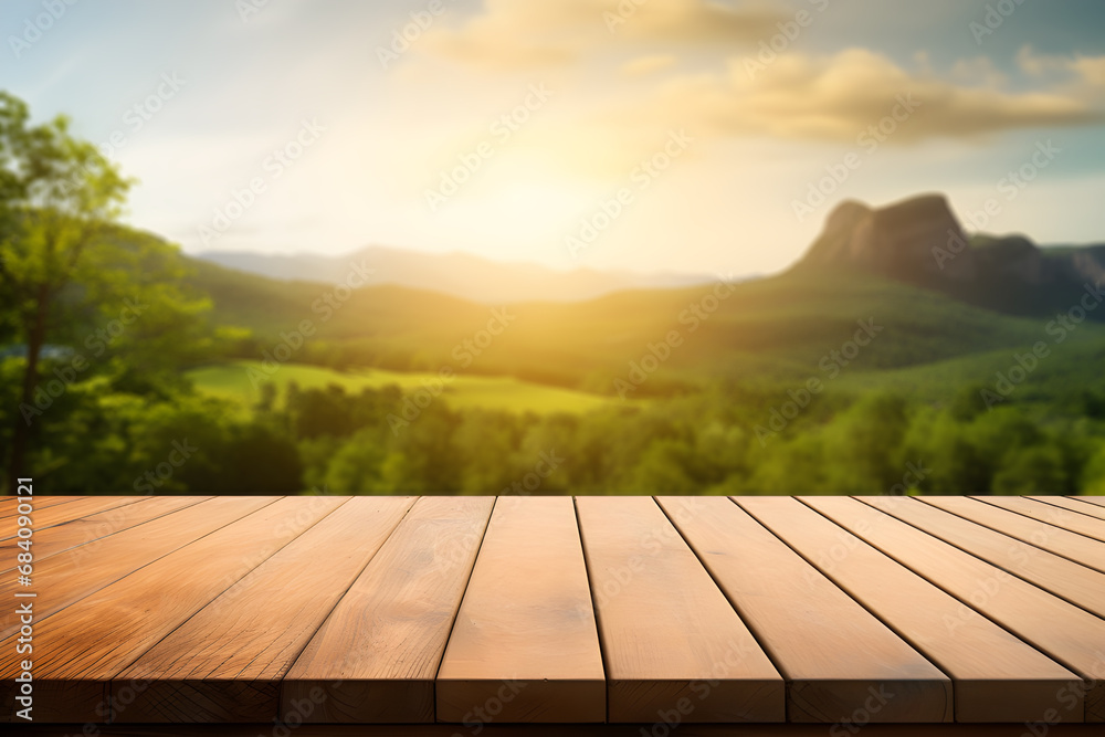Empty wooden table light brown wood texture Blurred background, natural view Flower garden and blurred mountains Empty wooden table light brown wood texture Blurred background, natural view Flower garden and blurred mountains