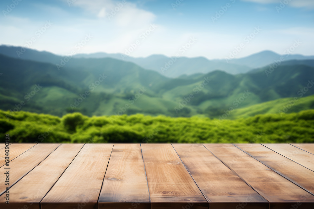 Empty wooden table light brown wood texture Blurred background, natural view Flower garden and blurred mountains