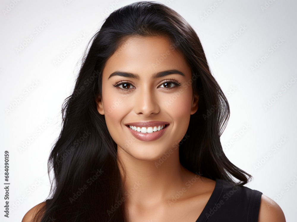 A closeup photo portrait of a beautiful young asian indian model woman smiling with clean teeth. Generative AI A closeup photo portrait of a beautiful young asian indian model woman smiling with clean teeth. Generative AI