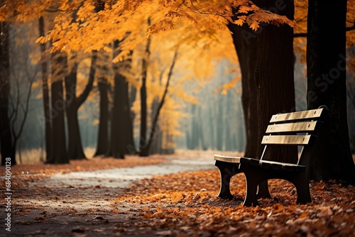 Wooden bench at a forest glade in autumn
