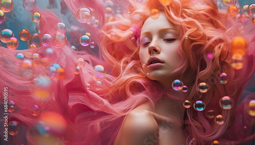 Charming portrait of a young woman surrounded by pink fluffy bubbles