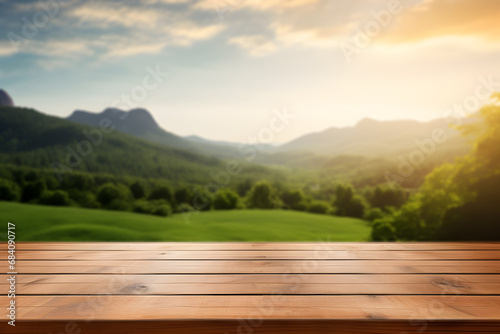 Empty wooden table light brown wood texture Blurred background, natural view Flower garden and blurred mountains