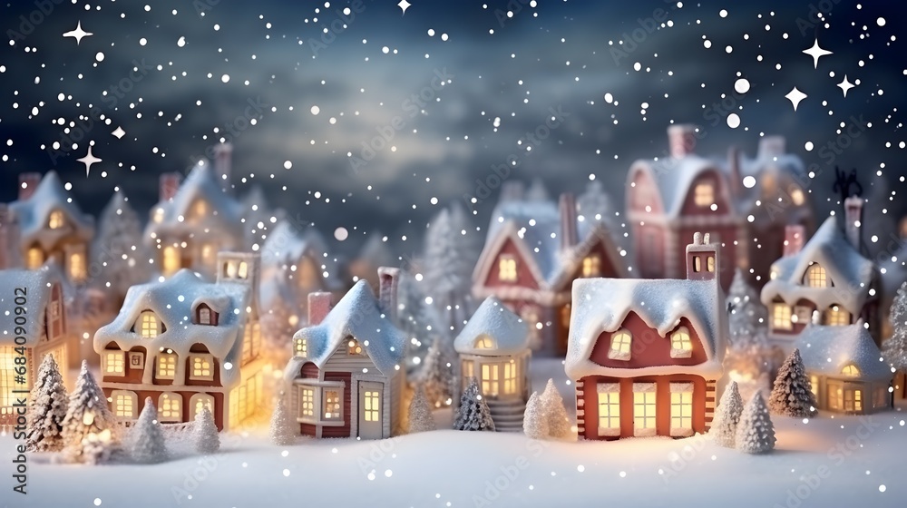 Charming storybook town covered with snow, with glowing windows and a magical night backdrop