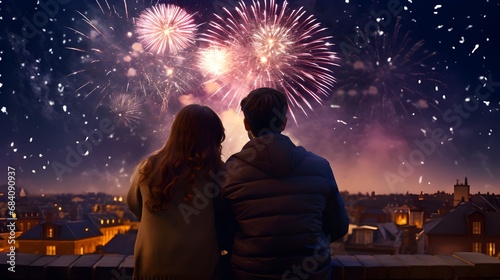 Romantic couple hugging as they watch fireworks light up the night sky