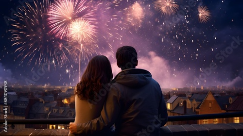 Romantic couple hugging as they watch fireworks light up the night sky