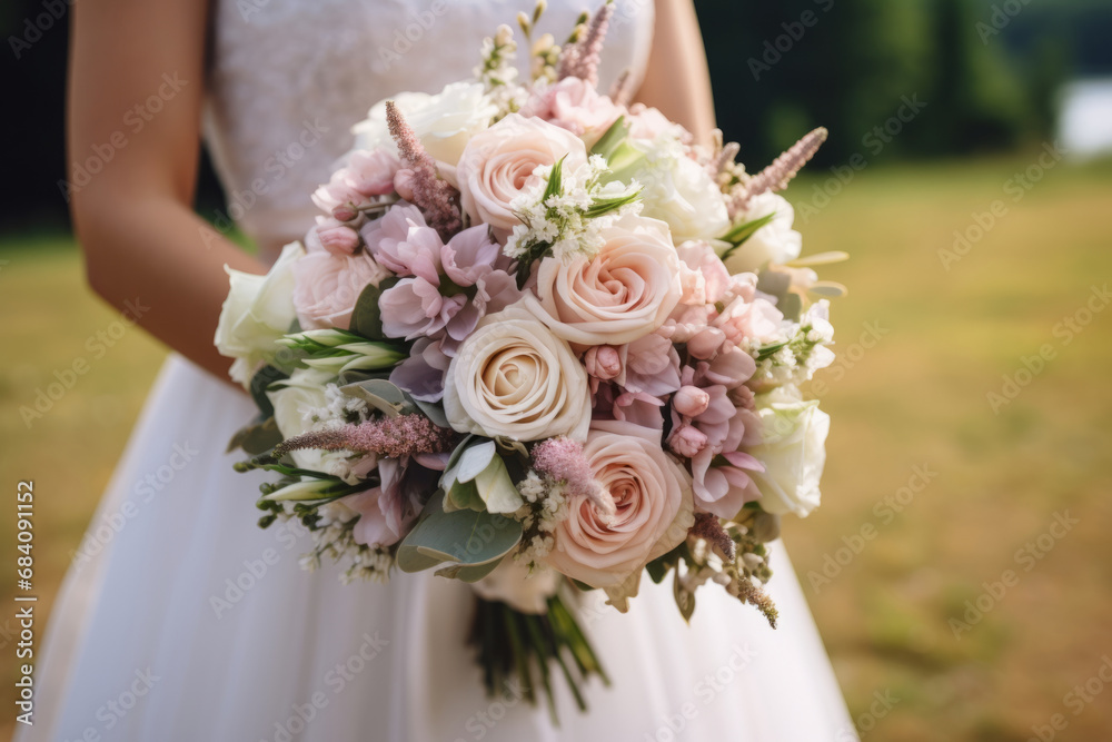 The bride holds soft wedding bouquet of roses, peonies and eustoma. Generative AI