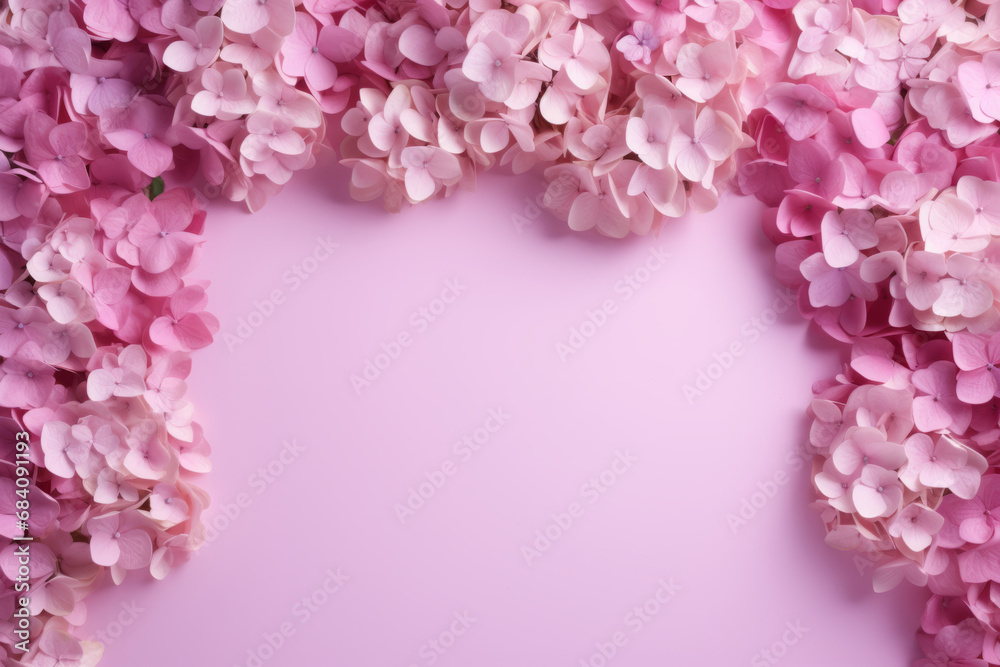 Hydrangea flower frame on pink background. Generative AI