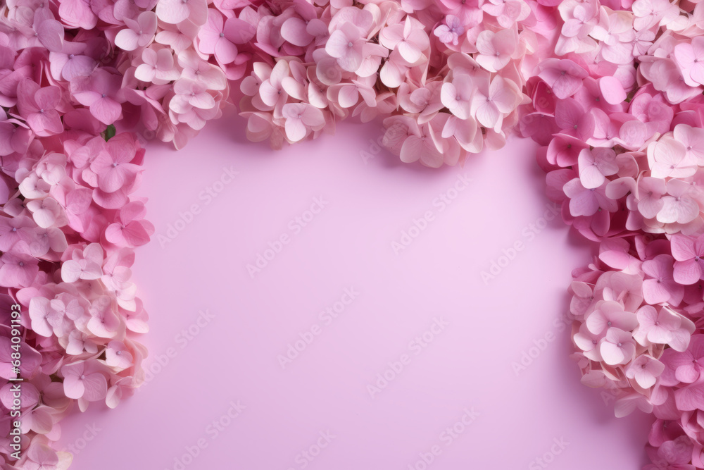 Obraz premium Hydrangea flower frame on pink background. Generative AI