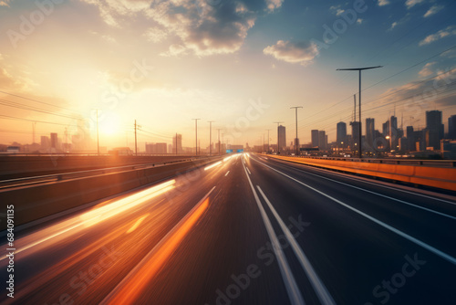 High speed traffic creates a mesmerizing motion blur on a highway. Generative AI