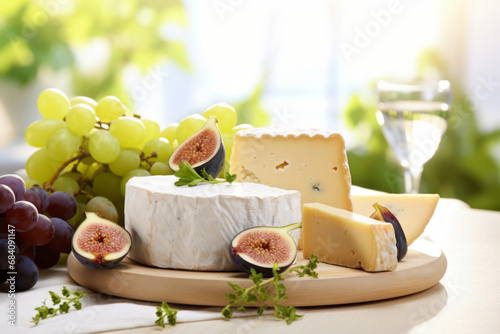 Assorted cheeses on a plate with grapes and figs. A spring food concept on light sunny background. Generative AI