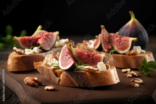 Figs cheese sandwiches food snack. Healthy ripe eating fig tasty ham. Generate Ai