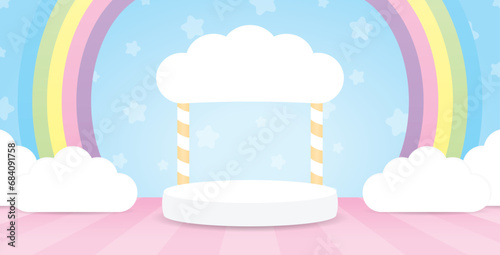 cute kawaii style display stage with rainbow and cloud props on sweet pastel blue sky with stars element 3d illustration vector scene for putting object or product